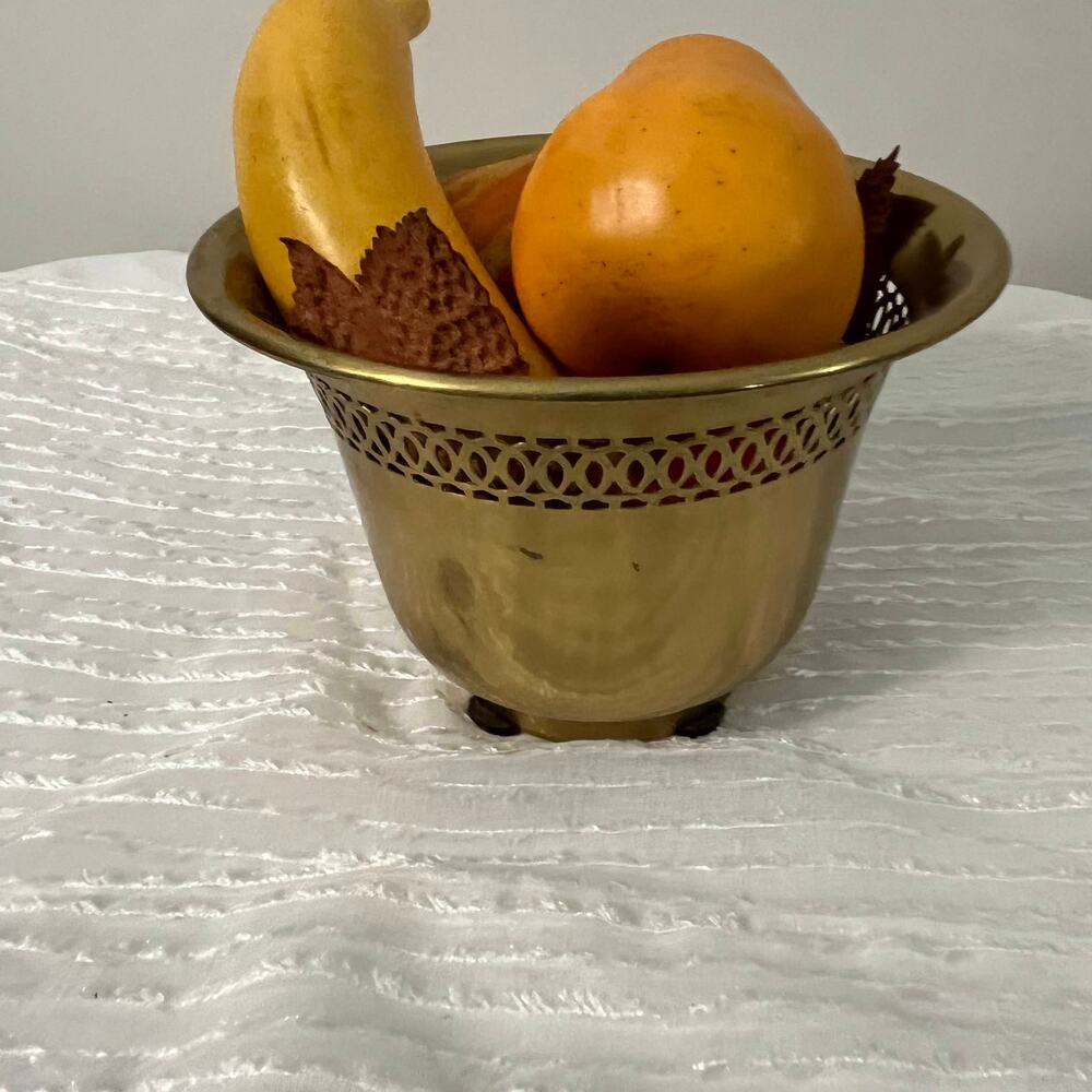 Vintage Brass Pedestal Bowl Fretwork Rim Pierced Decorative Centerpiece Dish